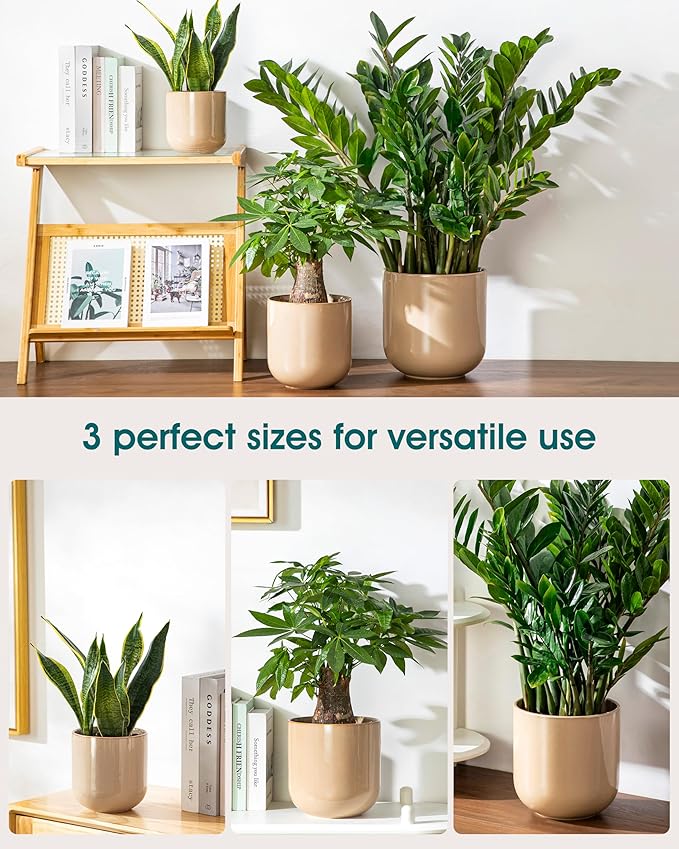 vancasso 6+8+10 inches Ceramic Plant Pots, Set of 3, Planters with Drainage Hole, Flower Pots Planters Pots for Indoor Plants, Modern Indoor Decorative Garden Pot, Home Decor, Brown vancasso