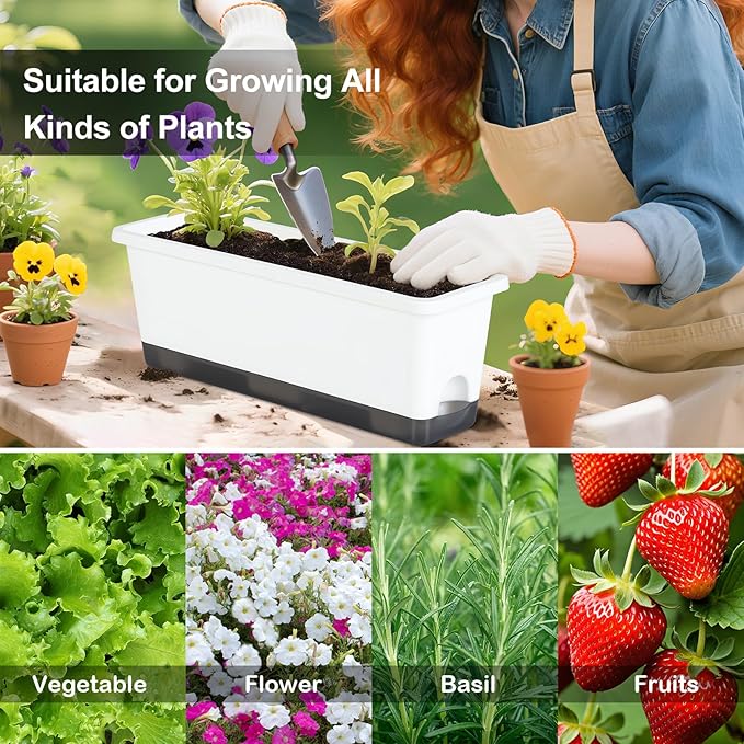 Window Box Planter 4 Packs, 17 Inches Rectangle Flower Pots with Drainage Holes & Trays, Pots for Vegetables, Herbs, Flowers, Garden Windowsill Balcony (White, 17 * 5.1 * 6 inch) Oliz