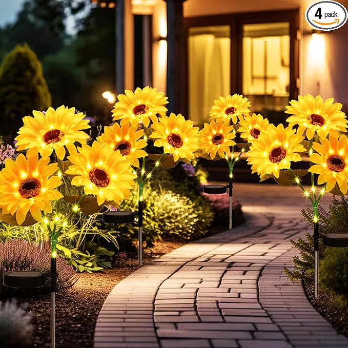 echosari 4 Pack Solar Lights Outdoor Waterproof, Sunflower Solar Stake Lights Auto ON/Off Solar Garden Decorative Lights for Lawn Pathway Landscape Birthday Gifts for Mom Women echosari