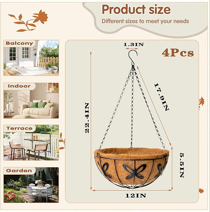 12 inch Metal Hanging Baskets For Plants Outdoor 4 Pack Round Metal Wire Hanging Basket Planter with Coco Fiber Liners Chain Round Wire Plant Holder for Garden, Patio, Deck, Porch Plants Flower Potss JFFLYIT