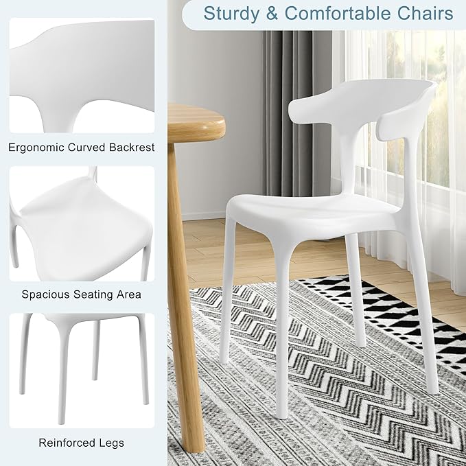 VECELO 4 Pack Plastic Stacking Chairs, Stackable Dining Chairs for Kitchen Restaurant Patio, Portable Indoor Outdoor Use, No Assembly Required, White VECELO