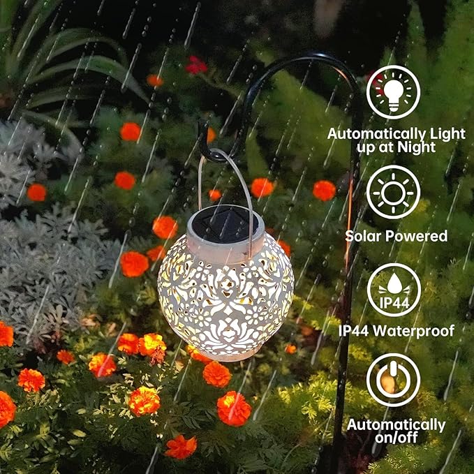 2 Pack Outdoor Solar Hanging Lantern Lights Metal LED Decorative Lamp for Garden Patio Courtyard Lawn and Table with Hollowed-Out Design (White) ExcMark