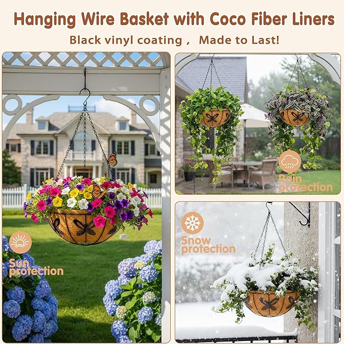 12 inch Metal Hanging Baskets For Plants Outdoor 4 Pack Round Metal Wire Hanging Basket Planter with Coco Fiber Liners Chain Round Wire Plant Holder for Garden, Patio, Deck, Porch Plants Flower Potss JFFLYIT