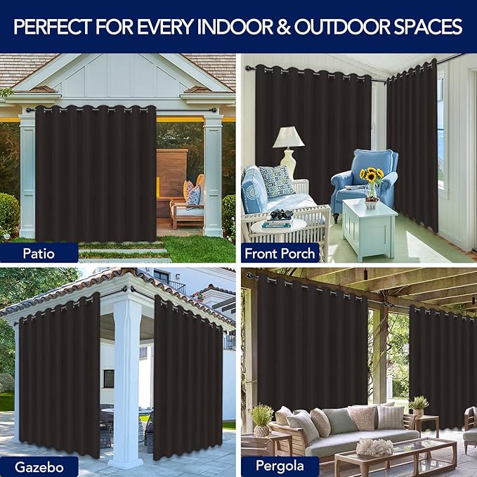 PureFit Outdoor Curtains for Patio Waterproof Weatherproof, UV Resistant Outside Curtains for Gazebo, Front Porch, Pergola, Sun Blocking Privacy Curtain, 120W x 84L inch, 1 Panel, Chocolate PureFit