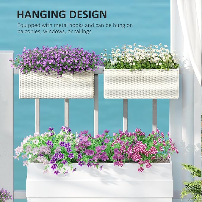 Outsunny Railing Planter Box (2 Pack, 20 Inch), Hanging Flower Pots with Hooks, Drainage Holes for Fence, Balcony, Garden, Patio, Rattan Look, White Outsunny