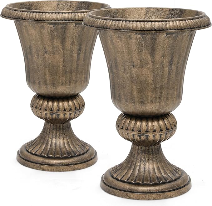 Magshion 20" Urn Planters for Outdoor Plants, Large Decorative Front Porch Planters Set of 2, Weatherproof Tall Plastic Flower Pots for Garden, Patio & Entryway Décor, Antique Brass Magshion