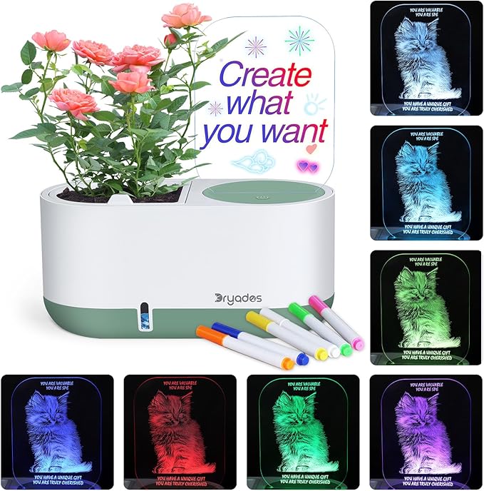 Self-Watering Plant Pot with LED Note Board & 7 Colors Pen Acrylic Message Board with Light Acrylic Dry Erase Board, Led Cat Board Night Light with Planting Pot for Christmas(No Plant&Seed) Dryades
