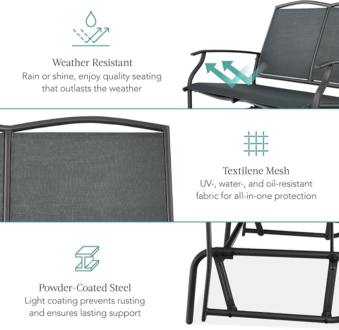 Best Choice Products 2-Person Outdoor Patio Swing Glider Steel Bench Loveseat Rocker for Deck, Porch w/Textilene Fabric, Steel Frame - Dark Gray BestChoiceProducts