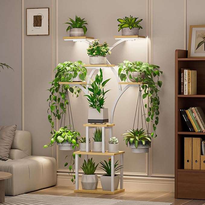 Elbourn Plant Stand Indoor with Grow Lights - 60" Tall Metal Plant Shelf for Multiple Plants, 8 Tiered Corner Plant Stands for Indoor Plants, X - Shaped Decorative Rack for Home, Living Room & Patio Decor (White) Elbourn