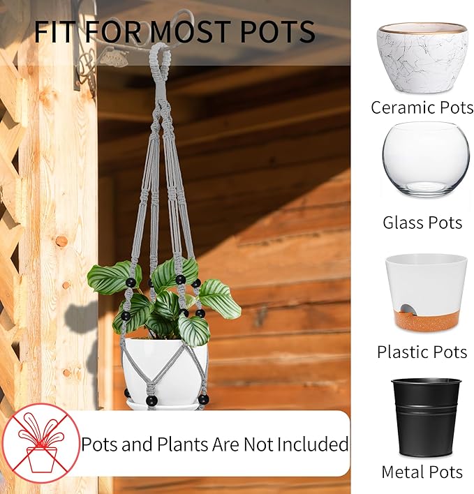 Macrame Plant Hanger - Fits 4 to 15 inches Pots for Indoor Outdoor, 43"/35"/29" Different Sizes Set, Gray (POTS NOT Included) IDEEEPAN