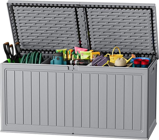 JUMMICO 270 Gallon Outdoor Storage Deck Box with Divider, Double Wall Storage Box with Lockable Lid for Garden Tools, Pools Supplies (Gray) JUMMICO