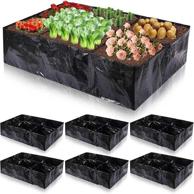 6 Pcs 35 Gallon Fabric Raised Garden Bed Breathable Planting Container Grow Bag with 6 Compartments Rectangle Large Raised Planting Bed for Vegetable Tomato Herbs Potato Fruits Flower Planter Pot Woanger