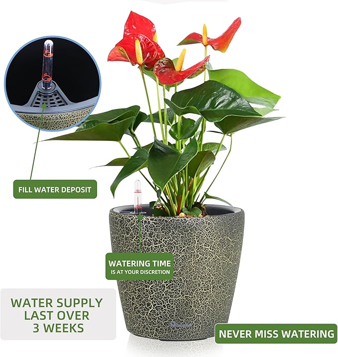 Dexceder 9x8 Inches Self Watering Planter Indoor Outdoor, Inner Pot Design, Thickened Table Flower Plant Pot with Water Level Indicator (Black Gold Crackle) Dexceder