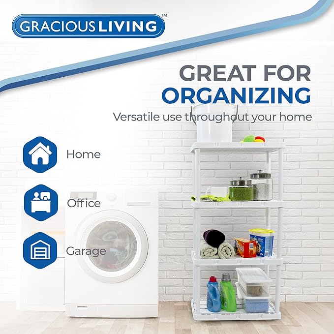 Gracious Living 4 Shelf Knect-A-Shelf Ventilated Light Duty Storage Home Organizer with Adjustable Shelves for Garage, Basement, and Laundry, White GraciousLiving