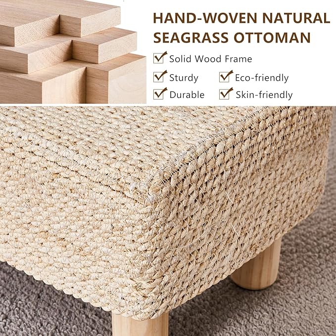 Wimarsbon Natural Seagrass Footstool Ottoman Rectangular Footrest Pouf Ottomans with Wooden Legs Hand Weave Step Stool for Living Room Bedroom Entryway Natural White Wimarsbon