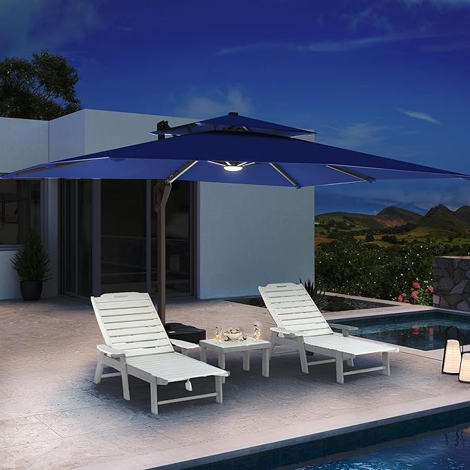 10 X 13 FT Cantilever Patio Umbrella with LED Lights Outdoor Heavy Duty Double Top Windproof Rectangle Offset Umbrellas with 360-degree Rotation for Pool Deck Backyard, Navy Ombrellon