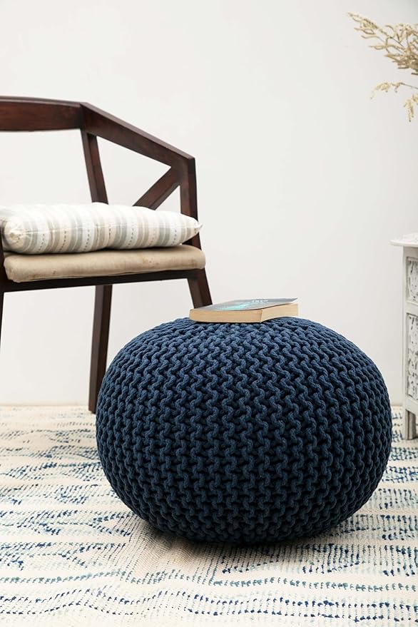 COTTON CRAFT - Hand Knitted Cable Style Dori Pouf - Blue - Floor Ottoman - Cotton Braid Cord - Handmade & Hand Stitched - Truly one of a Kind Seating - 20 Dia x 14 High COTTONCRAFT