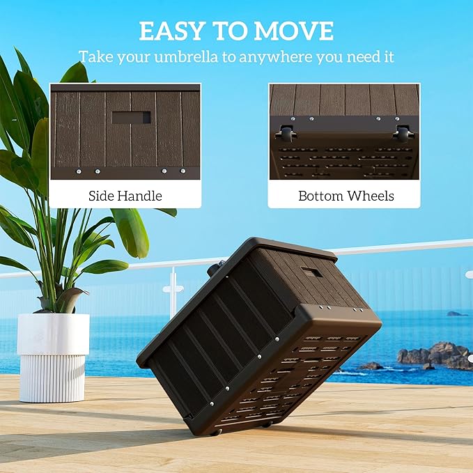 Outsunny 3-in-1 Outdoor Umbrella Base, Coffee End Table, Planter Box with Drain Hole, 175 lbs. Capacity Heavy Duty Fillable Patio Umbrella Stand Table with Wheels and Handles for Deck, Poolside, Brown Outsunny