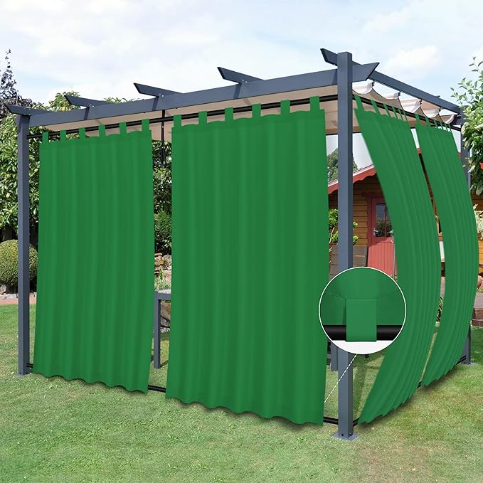 Easy-Going Outdoor Patio Curtains Detachable Tab Top Windproof Weatherproof Curtain for Cabana, Porch, Pergola and Gazebo, Tab Bottom Drape, 2 Panels, 54W x 120L inch, Green Easy-Going