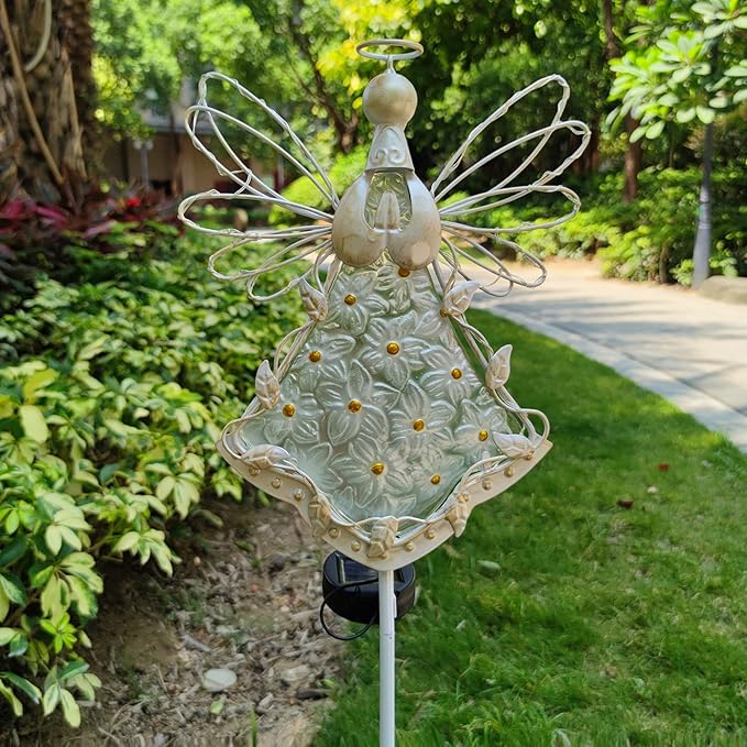 38Inch Angel Solar Lights Outdoor Decorative-Metal&Glass Angel Hydrangea Flower Garden Stake Lawn Light- Waterproof 30 Warm White LED for Remembrance Gifts & Grave Decorations (White) COOZZYHOUR
