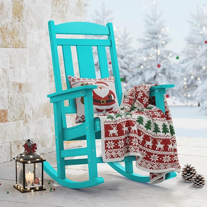LUE BONA Rocking Chair Outdoor, Weather Resistant HDPS Plastic Rocker Chairs, 350lb Heavy Duty, Oversized Porch Rocker for Adult, High Back Smooth Rocking Chairs for Outdoor & Indoor, Aruba Blue LUEBONA