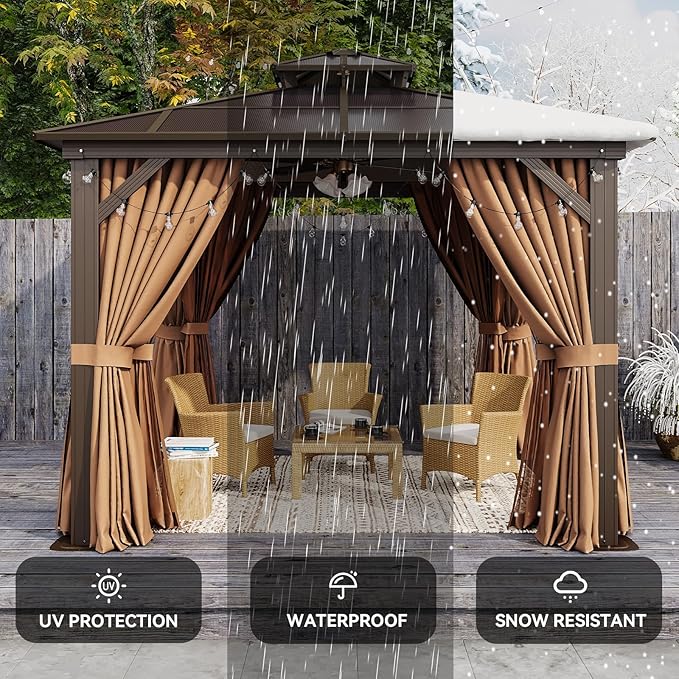 Aoxun 10'x10' Hardtop Gazebo, Outdoor Polycarbonate Double Top Canopy, Aluminum Frame Gazebo with Netting and Curtains, Sunshade for Patios, Gardens, Lawns Aoxun