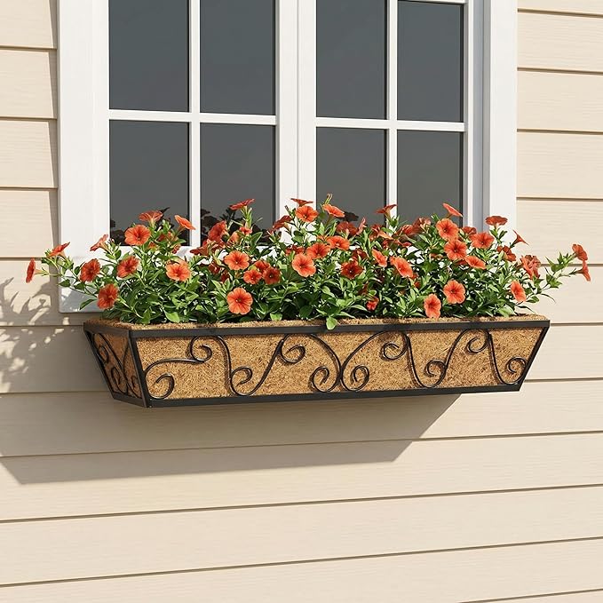 Y&M 30 Inch Window Deck with Coco Liner, Fence Metal Hanging Flower Planter Window Basket Deck Railing Planter Boxes for Outdoor Garden Lawn-Butterfly, 4pcs YM