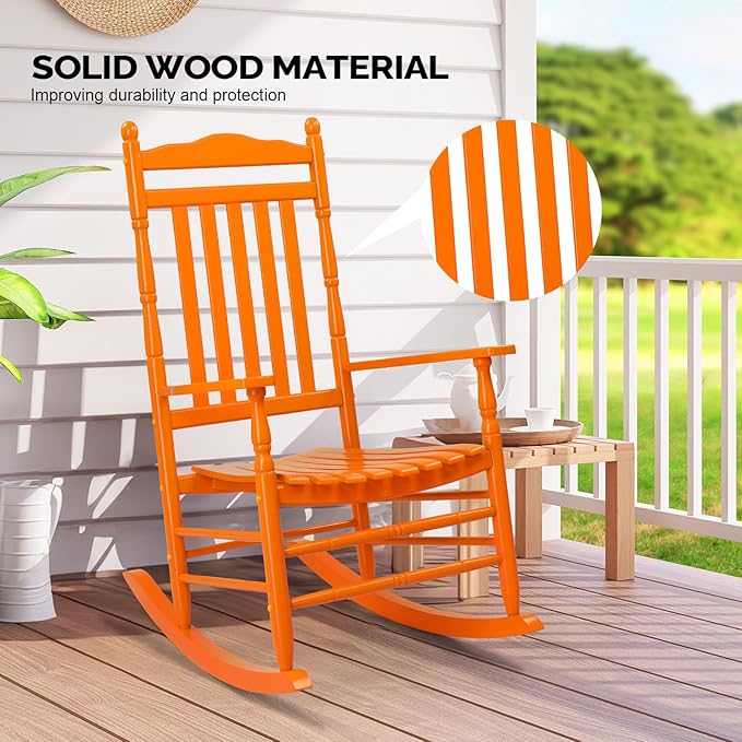 VINGLI Wooden Rocking Chair, Outdoor Chair with 450 lbs Support, Relaxing Rocker with Solid Wood High Back Seat Reclining Seat for Deck, Garden, Backyard, Porch, Indoor or Outdoor Use (Orange, 1PC) VINGLI