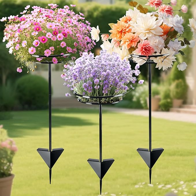 Tellingyou 3 Pack Adjustable Outdoor Flower Pot Stand, Metal Outdoor Plant Stands, Spring Summer Versatile Plant Stand Garden Stake for Display Plants, Elegant Solution for Landscaping Decor (Black) Tellingyou