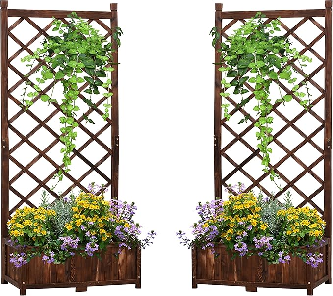 Anraja Raised Garden Bed Planter with Trellis Outdoor Wood Box 67in Set of 2 Flower Standing Planter Box Privacy Lattice Panels with Legs for Patio Porch w/Drainage Holes 29.5" L x 17.0" W x 67.0" H Anraja