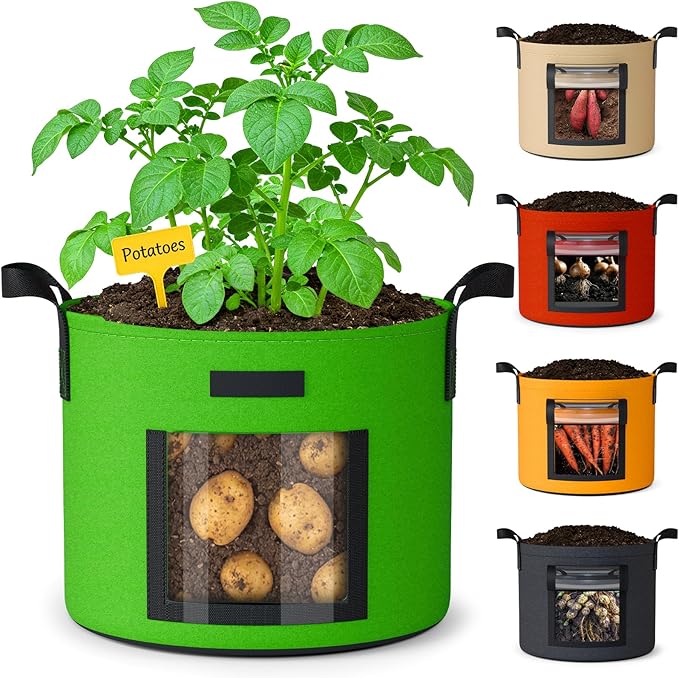 10 Gallon Potato Grow Bags: Set of 5 Colorful Gardening Supplies Fabric Pots with Harvest Window Reinforced Handles - Planting Container for Vegetable Tomatoes Carrot Flowers Balcony Patio Use NESSTU