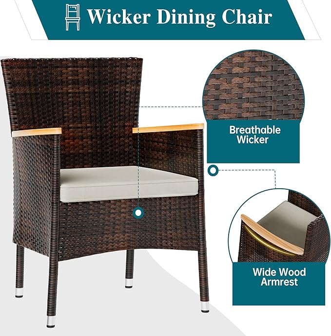 Shintenchi 5 PCS Patio Dining Set, Wicker Outdoor Table and Chairs with Soft Cushions, Patio Furniture Set with Wood Table Top for Backyard, Deck and Garden, Brown Rattan Shintenchi