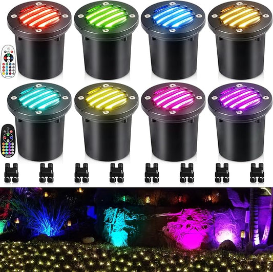 SUNVIE RGBW Well Lights Landscape LED In Ground Color Changing Low Voltage Well Lights 12-24V Waterproof Outdoor Landscape Lighting Grated Top In Ground Light for Pathway Garden Yard ETL, 8 Pack SUNVIE
