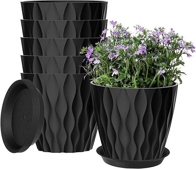 6 Pack 7 Inch Plant Pots with Drainage and Saucers, Black Plastic Flower Pots for Indoor and Outdoor Plants, Stackable Nursery Planters for Houseplants and Herbs, Black zople