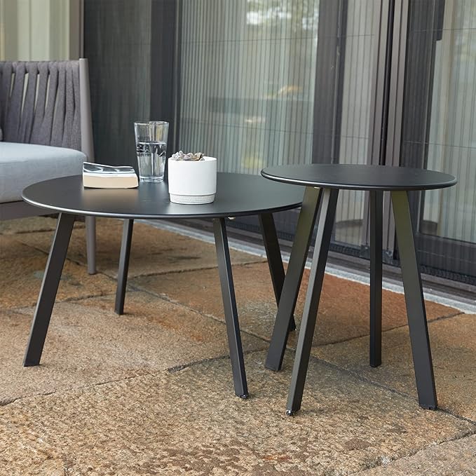 Patio Outdoor Coffee Table Set of 2 - Weather Resistant Outdoor Round End Table Modern Coffee Tables for Living Room Balcony Home Office (Black) Juserox