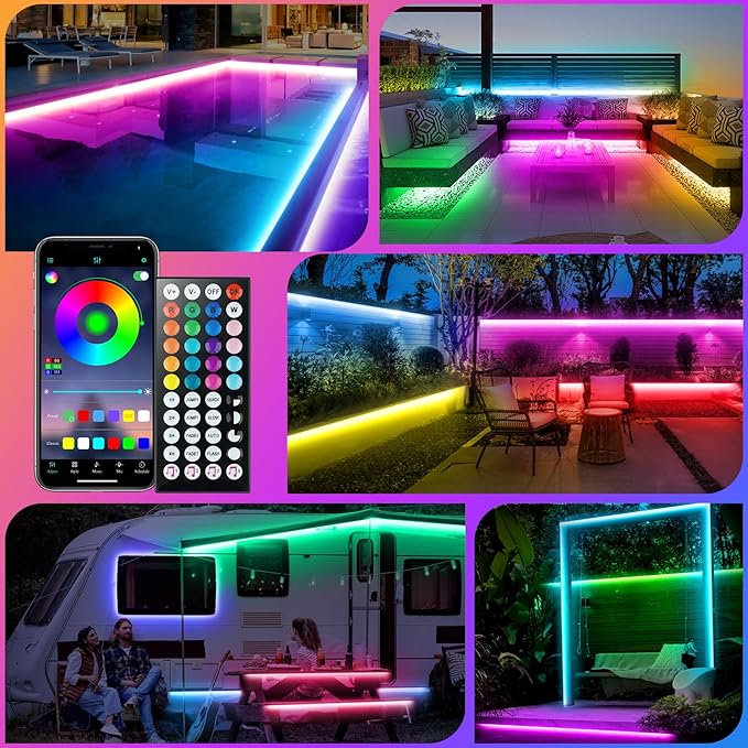 150Ft Outdoor LED Strip Lights, IP68 Waterproof Color Changing RGB LED Light Strips with IR Remote and APP, 24V Music Sync Led Rope Lights,Flexible Outdoor DIY Tape Lights for Balcony Deck Garden Pool HUEMIHUI