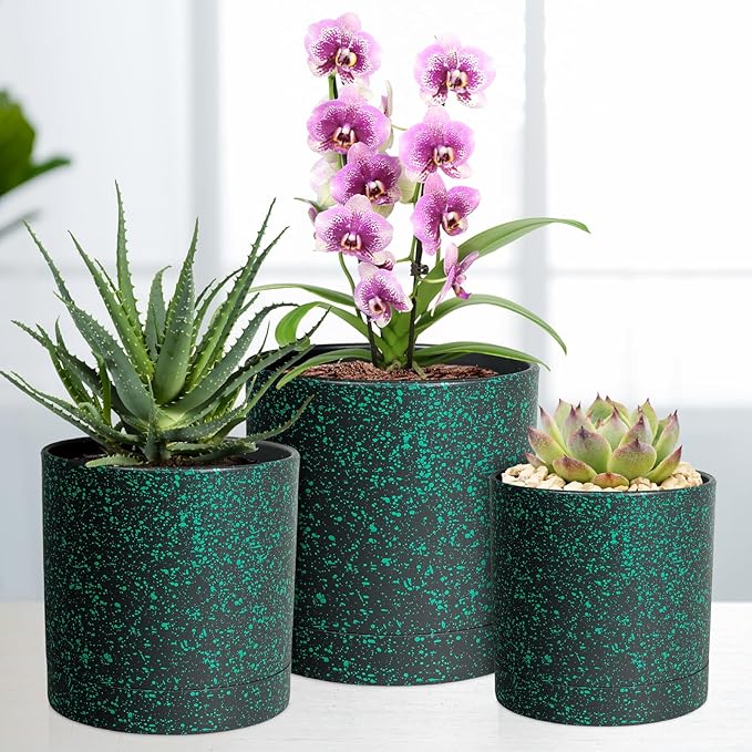 6/5/4 inch Plant Pots, 3 Pack Cylinder Flower Pots for Small Indoor Outdoor Plants, Plastic Planters with Drainage Holes and Saucers for Garden Succulent Plants, Black with Green Speckles Meowell