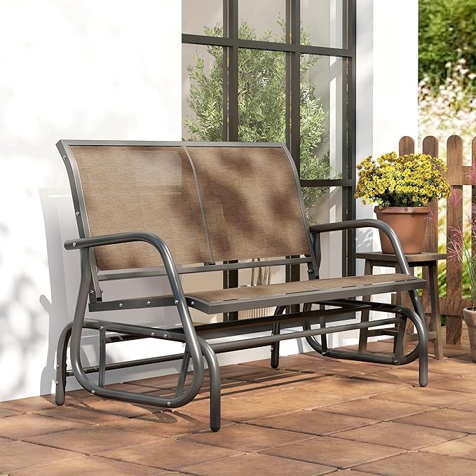 Outsunny 2-Person Outdoor Glider Bench, Patio Double Swing Rocking Chair Loveseat w/Powder Coated Steel Frame for Backyard Garden Porch, Light Mixed Brown Outsunny