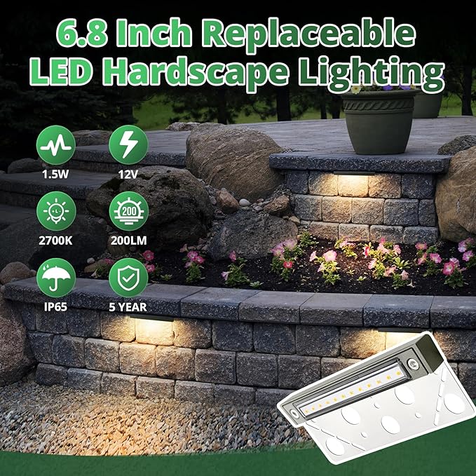 GKOLED 6.8 Inch LED Hardscape Lighting, Low Voltage Outdoor Retaining Wall Lights, Paver Lights, Light Module Replaceable Step Light, IP65 Waterproof, Die-cast Aluminum Housing Gray GKOLED