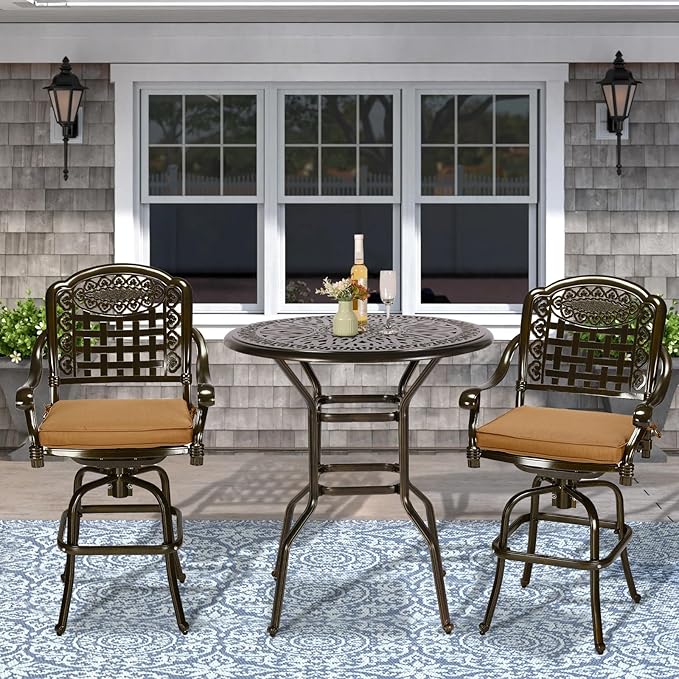 VIVIJASON 3-Piece Patio Swivel Bar Stools Set, All Weather Outdoor Cast Aluminum Bar Height Bistro Set with 2 Cushioned Bar Chairs & 35.4" High Bar Table w/Umbrella Hole for Backyard, Lawn, Garden VIVIJASON