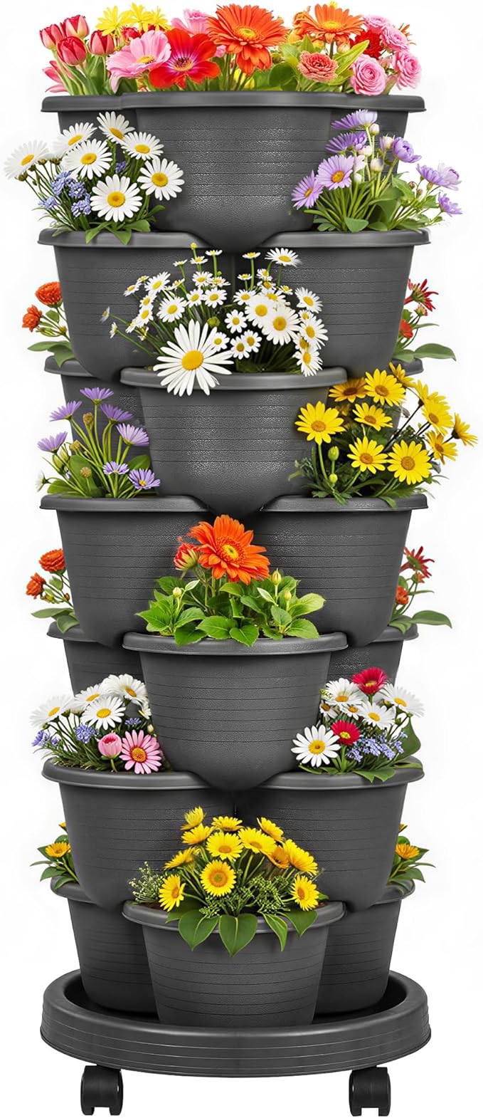 VECELO 7 Tier Vertical Garden Planter, Self Watering Stackable Planters with Wheels for Strawberries, Herbs, Flowers, Vegetables, Dark Gray VECELO
