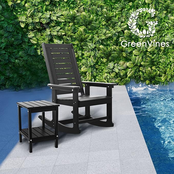 GREENVINES Outdoor Rocking Chairs | Set of 4 | Porch Rocker | HDPE Plastic | Black | Oversized Rockers | High Back | Big & Tall | Ladder Back | for Patio Outside Backyard Balcony Garden GreenVines