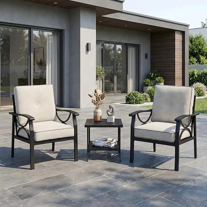 RoyalCraft Outdoor Patio Furniture Set, 3 Pieces Metal Patio Conversation Set with Side Table for Porch Garden Backyard, Black Bringyoubetterlife