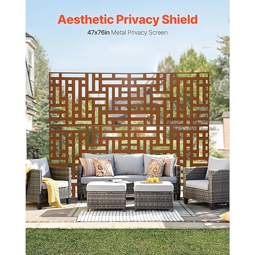 VEVOR Metal Privacy Screen, 47" W x 76" H, Outdoor Privacy Screens 3-Panel, Freestanding Outdoor Divider with Stand, Decorative Garden Steel Privacy Fence for Balcony Patio Indoor Room Hot Tub Brown VEVOR
