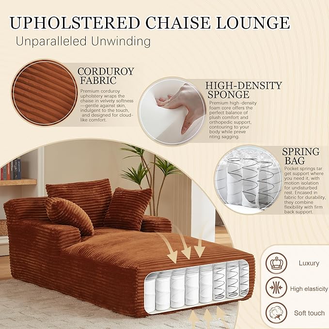 80 Inch Chaise Lounge Chair Indoor, Oversized Corduroy Upholstered Boneless Sofa Bed, Deep Seat Sleeper Couch Reading Chairs, Cloud Sofas Couches for Living Room, No Assembly Required (Brown) HANXIN