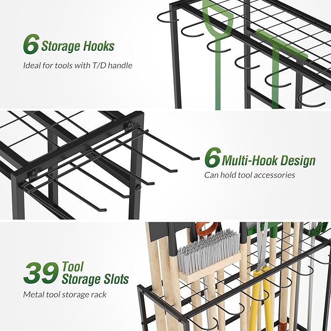 Garden Tool Organizer Rack with Wheels Up to 39 Tools, Heavy-Duty Steel Yard Tool Organizer for Garage Storage with 12 Hooks, Broom Holder & Garden Tool Rack for Shed, Patio, Outdoor Use, Black Sttoraboks