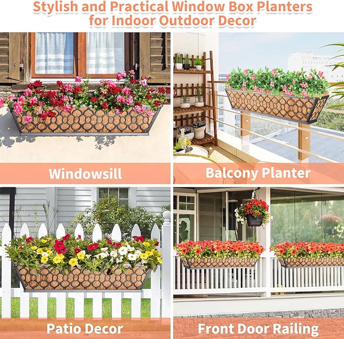 Riare 4 Pack 24 Inch Window Boxes Planters with Coco Liner, Metal Deck Railing Planter Boxes, Balcony Planters Railing Hanging, Horse Trough Window Flower Planter Boxes for Outdoor Porch Fence Patio Riare