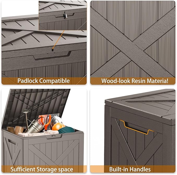 38 Gallon Outdoor Deck Box, Lockable Waterproof Outdoor Storage Boxes For Garden Tools,Indoor Cushions,Accessories Outside Storage Resin Weatherproof Container(Grey) MAIUSCOLI