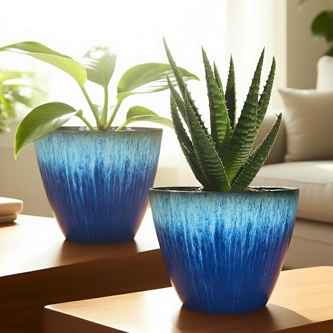 Pack of 2 Flower Pots, Plastic Plant Pots with Drainage Holes, 8 inch Modern Glossy Finishing Planter for Indoor Outdoor Plants (Blue Glaze, 2 Pack) LesOasis