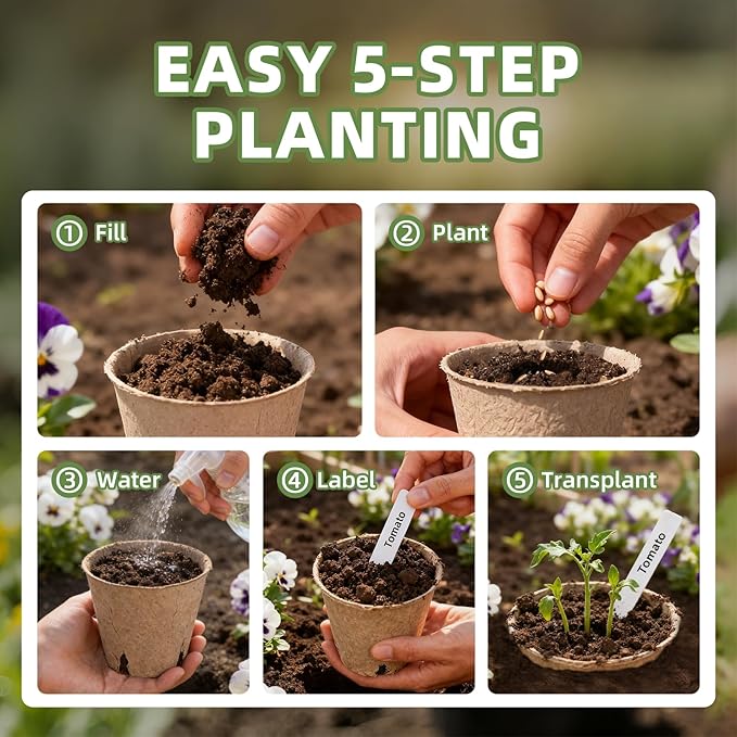 70Pcs Biodegradable 4” Peat Pots with 70Pcs Plant Labels, Biodegradable Seed Starter Pots with Drainage Holes, Nursery Pots for Seedlings, Herbs, Vegetables, Flowers, Gardening Kit Cleangor